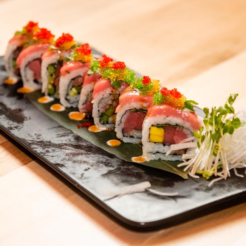 Tuna sushi rolls with fish roe